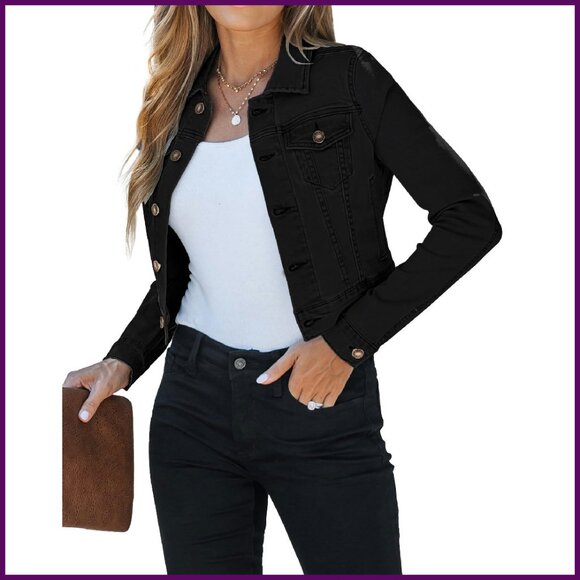 Cropped Denim Jacket Women's Stretchy Lightweight Fitted with Pockets
